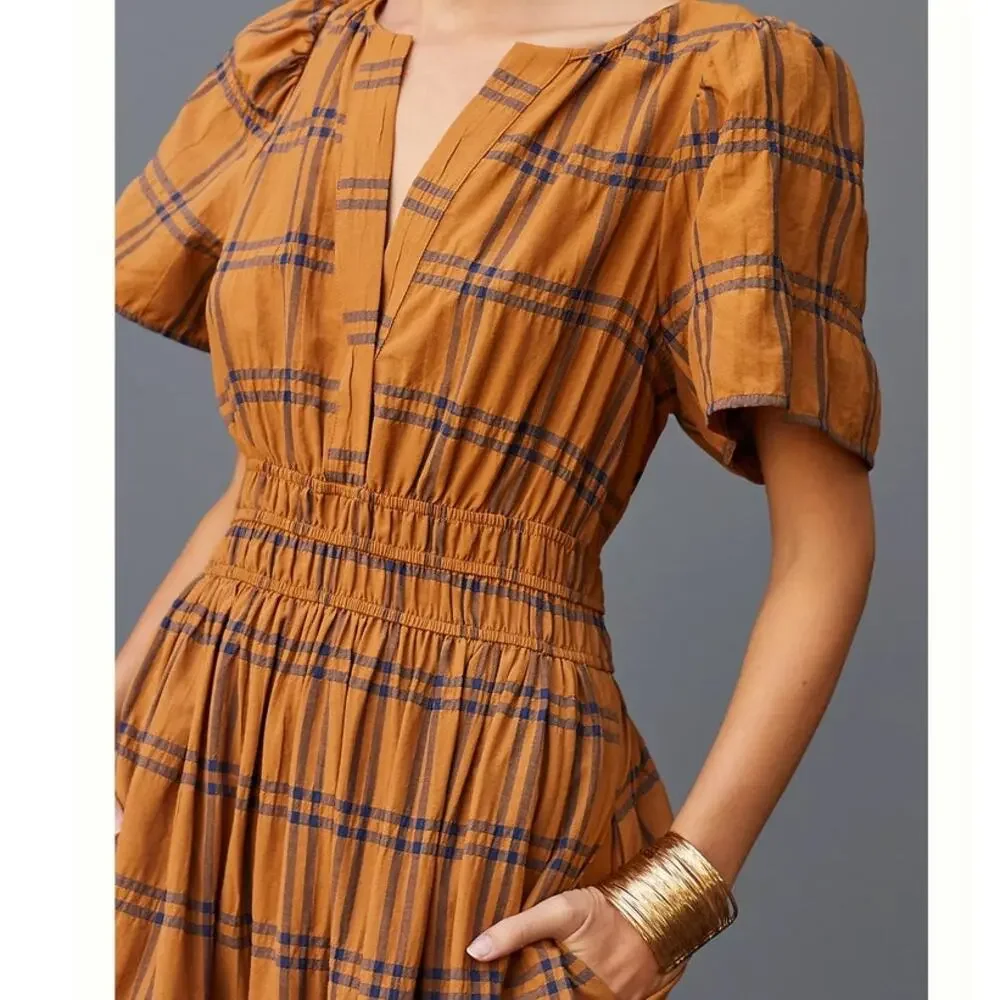 Maeve by Anthropologie Sumerset Camel Plaid Tiered Maxi Dress M Prairie Fall - Picture 2 of 16